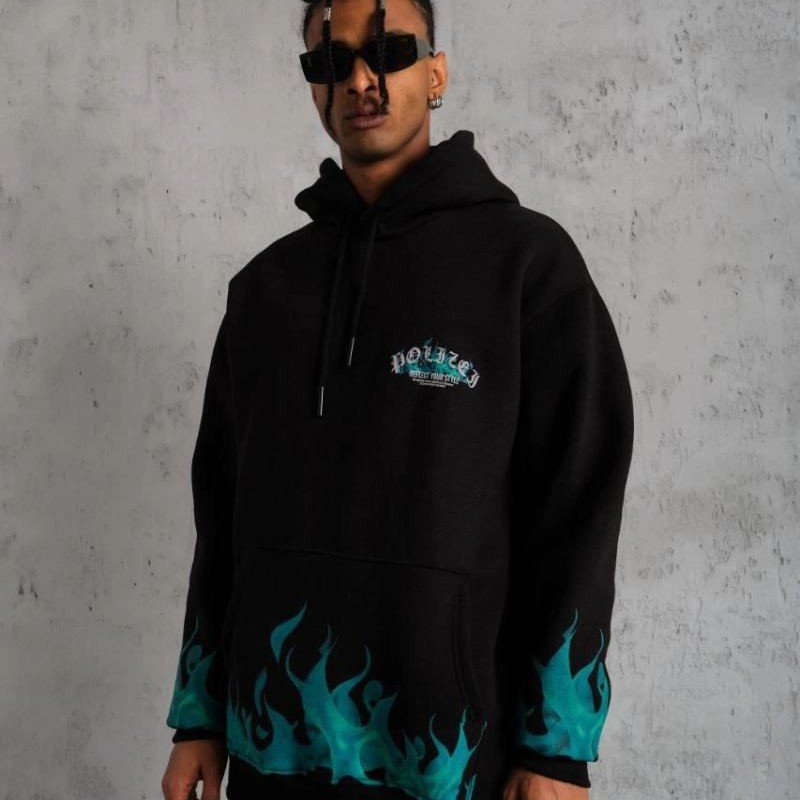 Erkek 3 İplik Pamuklu Alev Baskılı Kapüşonlu hoodie Sweatshirt - Siyah