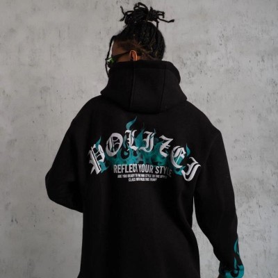 Erkek 3 İplik Pamuklu Alev Baskılı Kapüşonlu hoodie Sweatshirt - Siyah