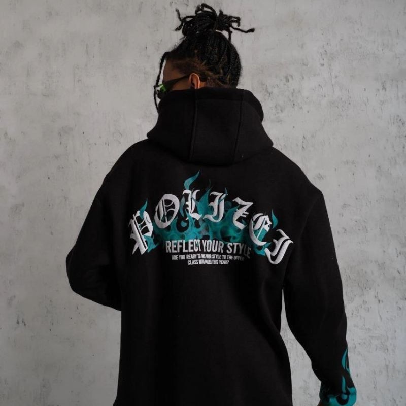 Erkek 3 İplik Pamuklu Alev Baskılı Kapüşonlu hoodie Sweatshirt - Siyah