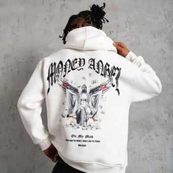 Erkek 3 İplik Pamuklu Baskılı Kapüşonlu Cepli Sweatshirt Hoodie - Beyaz