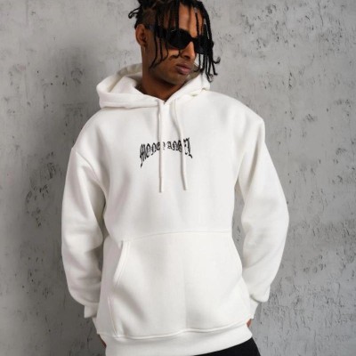 Erkek 3 İplik Pamuklu Baskılı Kapüşonlu Cepli Sweatshirt Hoodie - Beyaz