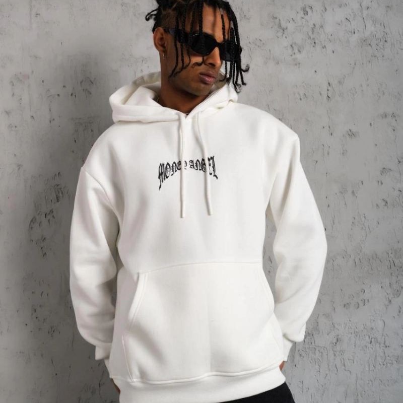 Erkek 3 İplik Pamuklu Baskılı Kapüşonlu Cepli Sweatshirt Hoodie - Beyaz