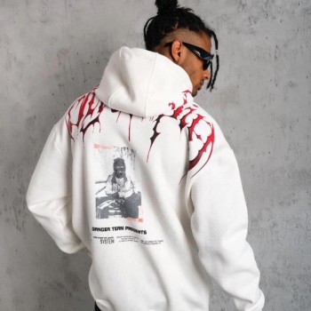 Erkek 3 İplik Pamuklu Baskılı Kapüşonlu Cepli Sweatshirt Hoodie - Beyaz