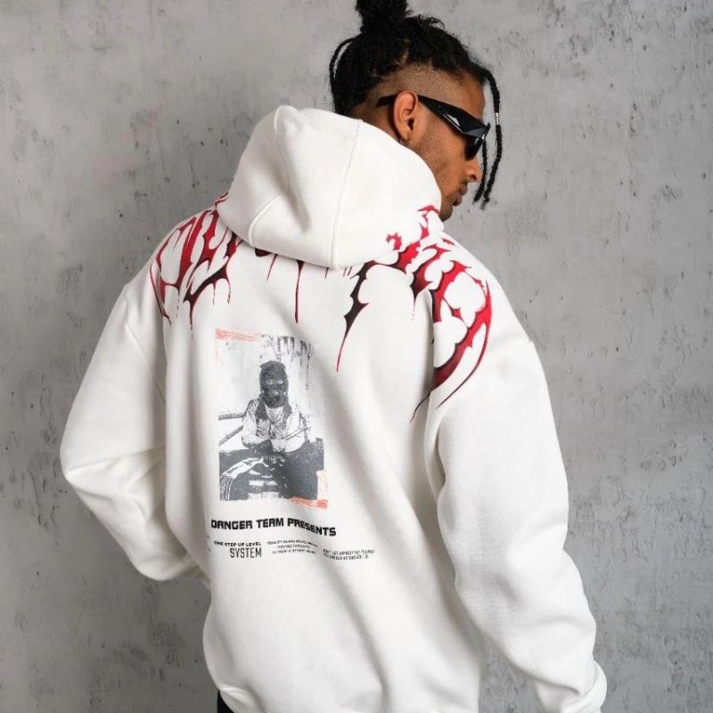 Erkek 3 İplik Pamuklu Baskılı Kapüşonlu Cepli Sweatshirt Hoodie - Beyaz