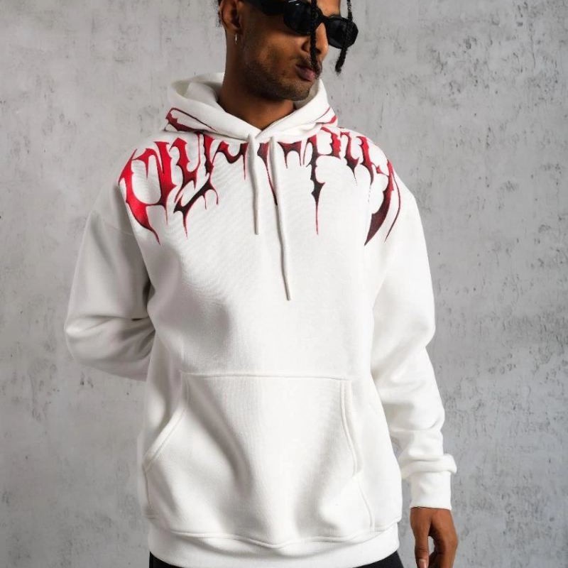 Erkek 3 İplik Pamuklu Baskılı Kapüşonlu Cepli Sweatshirt Hoodie - Beyaz