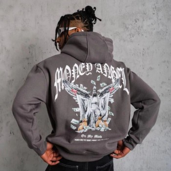 Erkek 3 İplik Pamuklu Baskılı Kapüşonlu Cepli Sweatshirt Hoodie - Füme