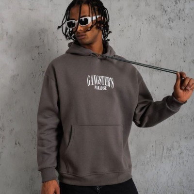 Erkek 3 İplik Pamuklu Baskılı Kapüşonlu Cepli Sweatshirt Hoodie - Gri