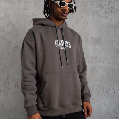 Erkek 3 İplik Pamuklu Baskılı Kapüşonlu Cepli Sweatshirt Hoodie - Gri