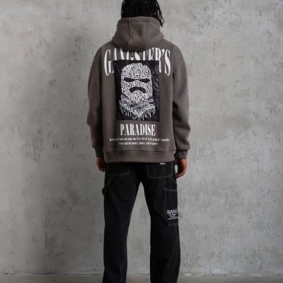 Erkek 3 İplik Pamuklu Baskılı Kapüşonlu Cepli Sweatshirt Hoodie - Gri