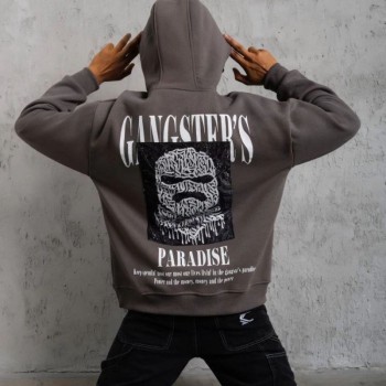 Erkek 3 İplik Pamuklu Baskılı Kapüşonlu Cepli Sweatshirt Hoodie - Gri