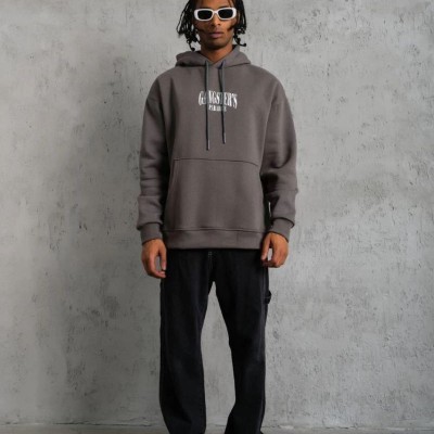 Erkek 3 İplik Pamuklu Baskılı Kapüşonlu Cepli Sweatshirt Hoodie - Gri