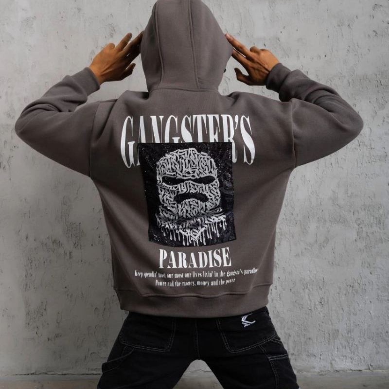 Erkek 3 İplik Pamuklu Baskılı Kapüşonlu Cepli Sweatshirt Hoodie - Gri