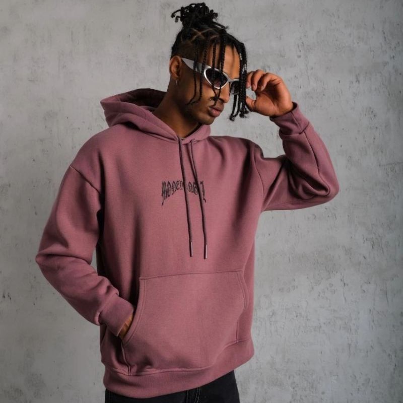 Erkek 3 İplik Pamuklu Baskılı Kapüşonlu Cepli Sweatshirt Hoodie - Gül Kurusu