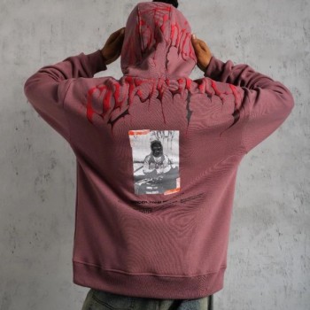 Erkek 3 İplik Pamuklu Baskılı Kapüşonlu Cepli Sweatshirt Hoodie - Gül Kurusu