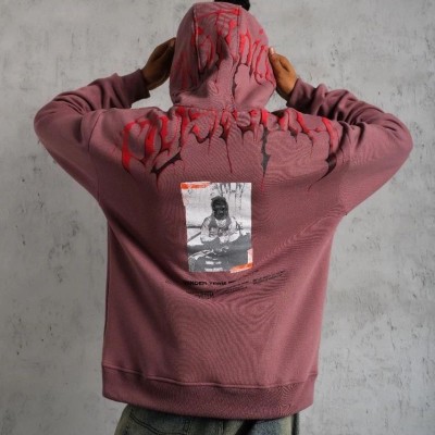 Erkek 3 İplik Pamuklu Baskılı Kapüşonlu Cepli Sweatshirt Hoodie - Gül Kurusu