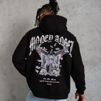 Erkek 3 İplik Pamuklu Baskılı Kapüşonlu Cepli Sweatshirt Hoodie - Siyah