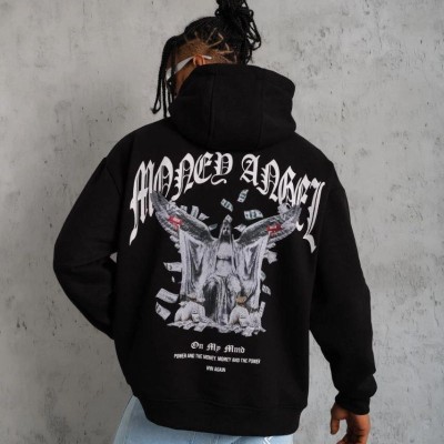 Erkek 3 İplik Pamuklu Baskılı Kapüşonlu Cepli Sweatshirt Hoodie - Siyah