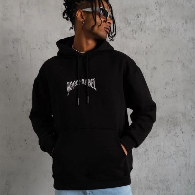 Erkek 3 İplik Pamuklu Baskılı Kapüşonlu Cepli Sweatshirt Hoodie - Siyah
