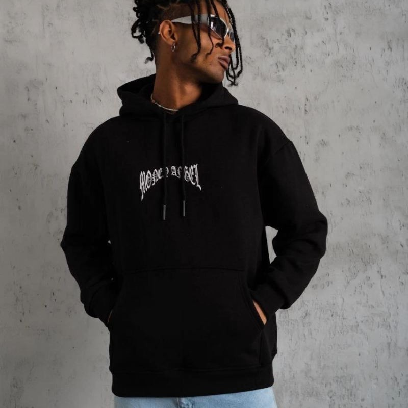 Erkek 3 İplik Pamuklu Baskılı Kapüşonlu Cepli Sweatshirt Hoodie - Siyah