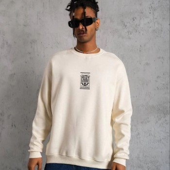 ERKEK 3 İplik Pamuklu Bisiklet Yaka Baskılı Oversize Sweatshirt - Beyaz