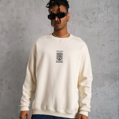 ERKEK 3 İplik Pamuklu Bisiklet Yaka Baskılı Oversize Sweatshirt - Beyaz
