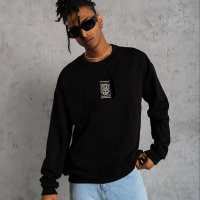 ERKEK 3 İplik Pamuklu Bisiklet Yaka Baskılı Oversize Sweatshirt - Siyah