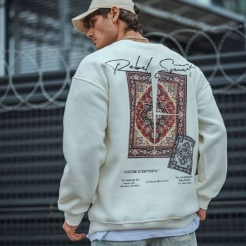 Erkek 3 iplik pamuklu Bisiklet Yaka Baskılı SweatShirt - Beyaz