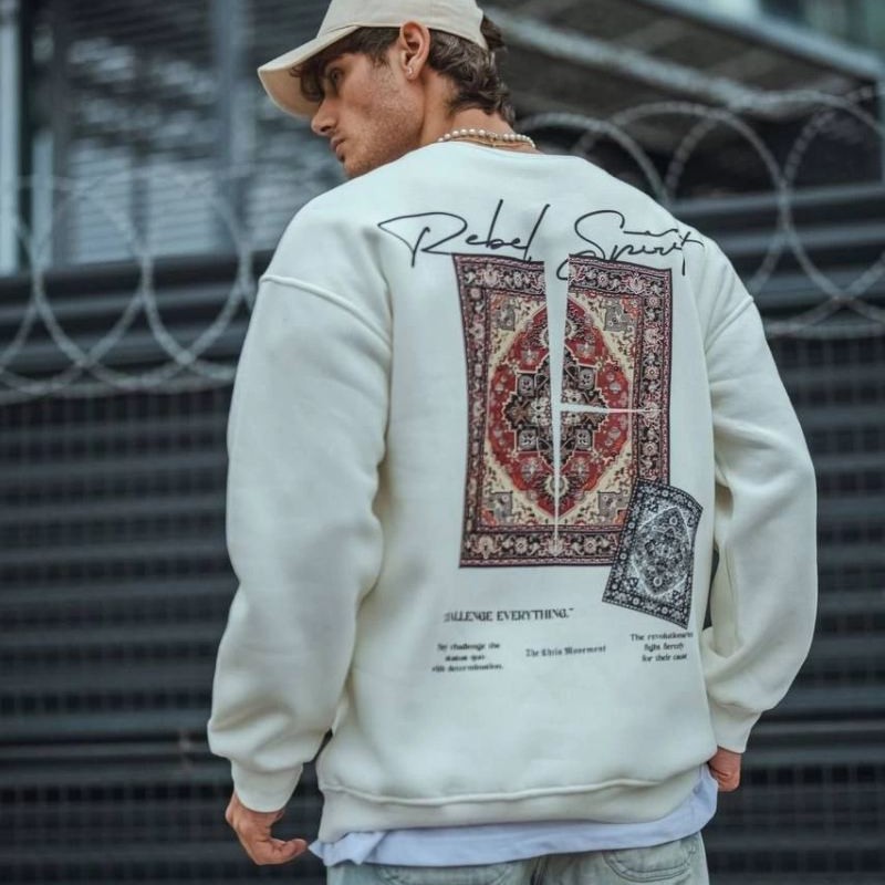 Erkek 3 iplik pamuklu Bisiklet Yaka Baskılı SweatShirt - Beyaz