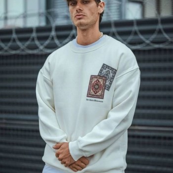 Erkek 3 iplik pamuklu Bisiklet Yaka Baskılı SweatShirt - Beyaz