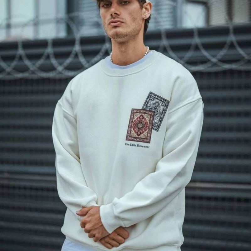 Erkek 3 iplik pamuklu Bisiklet Yaka Baskılı SweatShirt - Beyaz