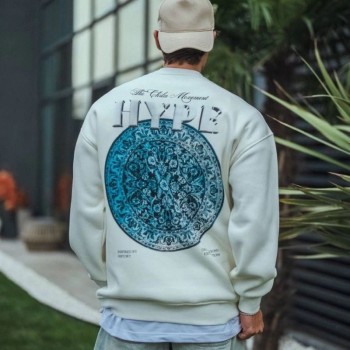 Erkek 3 İplik Pamuklu Bisiklet Yaka Baskılı SweatShirt - Beyaz