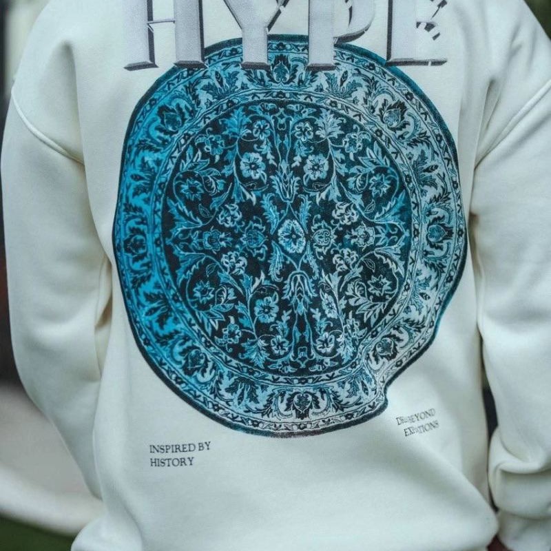 Erkek 3 İplik Pamuklu Bisiklet Yaka Baskılı SweatShirt - Beyaz