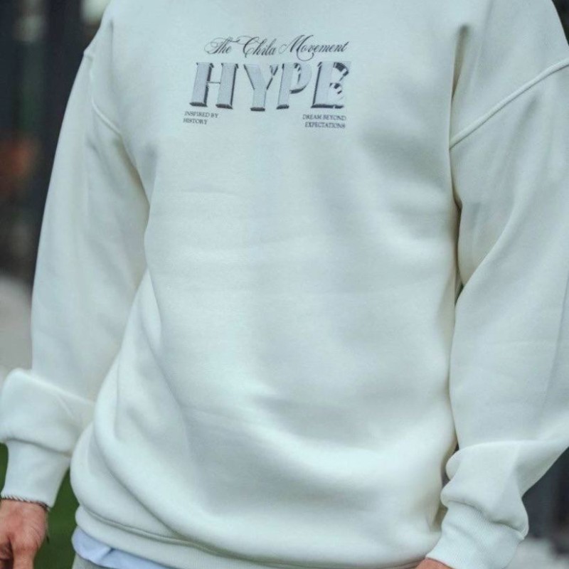 Erkek 3 İplik Pamuklu Bisiklet Yaka Baskılı SweatShirt - Beyaz