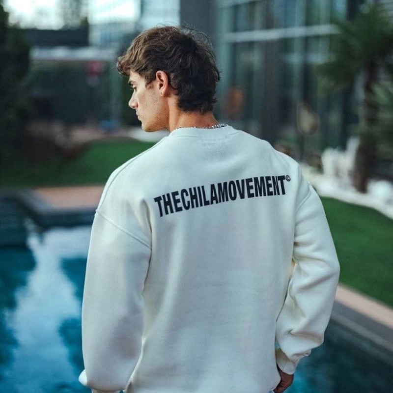Erkek 3 iplik pamuklu Bisiklet Yaka Baskılı SweatShirt - Beyaz