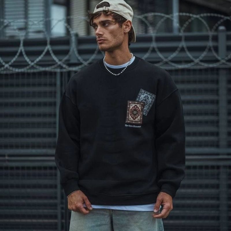 Erkek 3 iplik Pamuklu Bisiklet Yaka Baskılı SweatShirt - Siyah