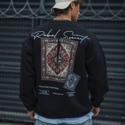 Erkek 3 iplik Pamuklu Bisiklet Yaka Baskılı SweatShirt - Siyah