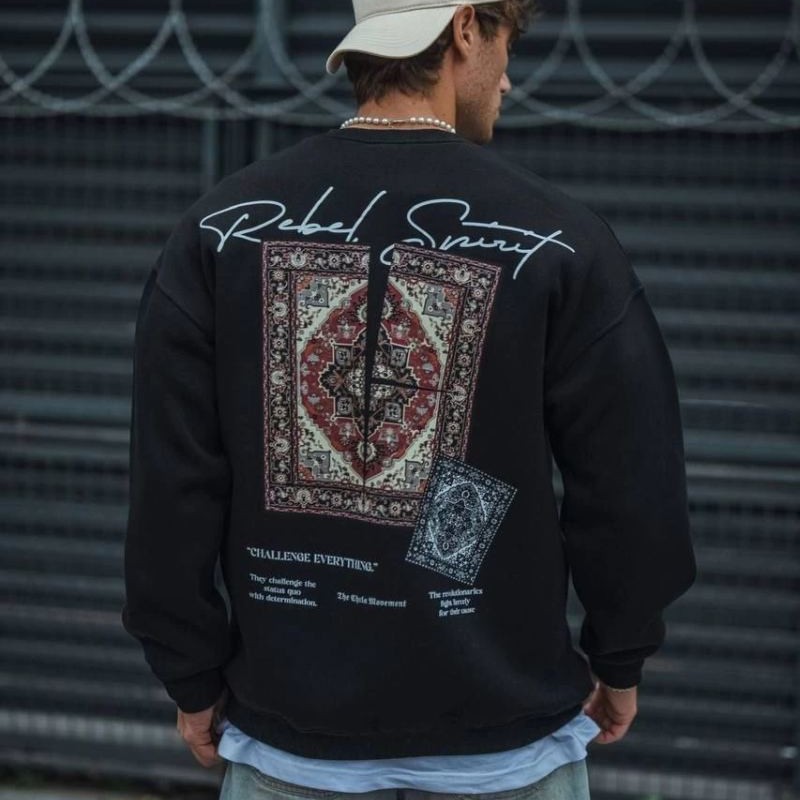 Erkek 3 iplik Pamuklu Bisiklet Yaka Baskılı SweatShirt - Siyah
