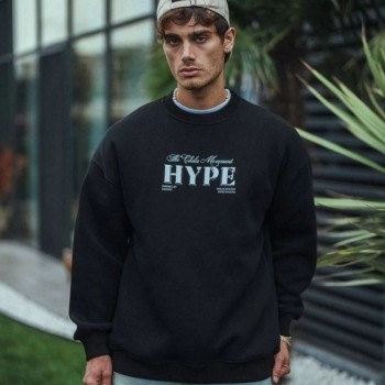 Erkek 3 İplik Pamuklu Bisiklet Yaka Baskılı SweatShirt - Siyah