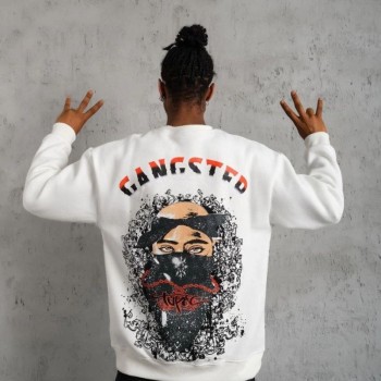 Erkek 3 İplik Pamuklu Bisiklet Yaka Gangster Baskılı Sweatshirt - Beyaz