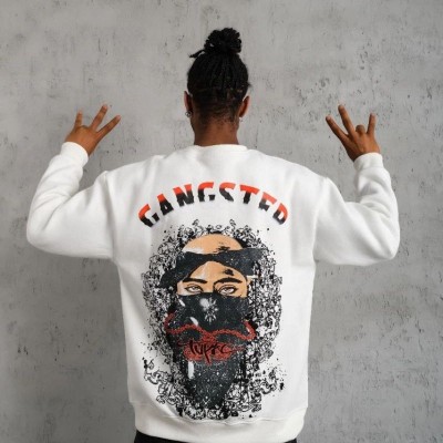 Erkek 3 İplik Pamuklu Bisiklet Yaka Gangster Baskılı Sweatshirt - Beyaz