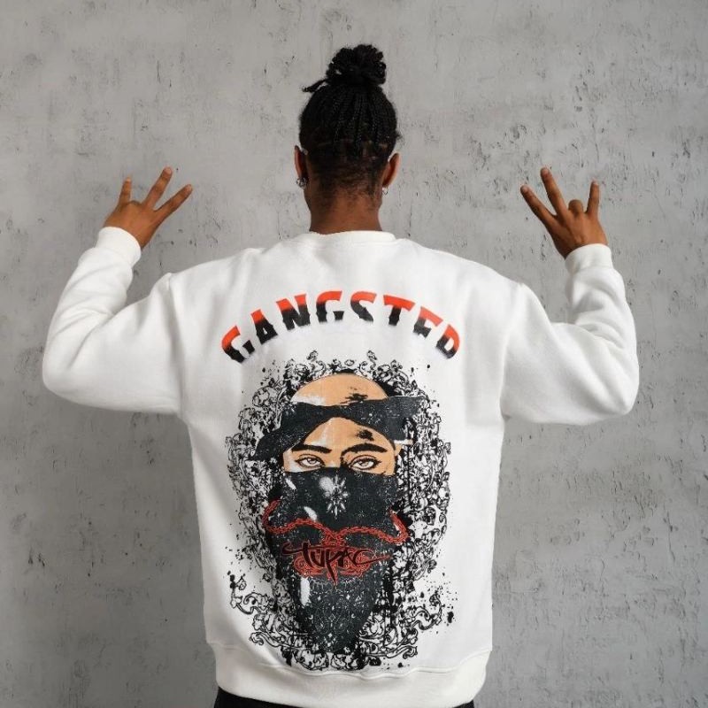 Erkek 3 İplik Pamuklu Bisiklet Yaka Gangster Baskılı Sweatshirt - Beyaz