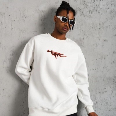 Erkek 3 İplik Pamuklu Bisiklet Yaka Gangster Baskılı Sweatshirt - Beyaz