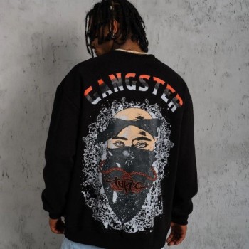 Erkek 3 İplik Pamuklu Bisiklet Yaka Gangster Baskılı Sweatshirt - Siyah