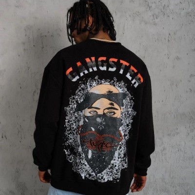 Erkek 3 İplik Pamuklu Bisiklet Yaka Gangster Baskılı Sweatshirt - Siyah