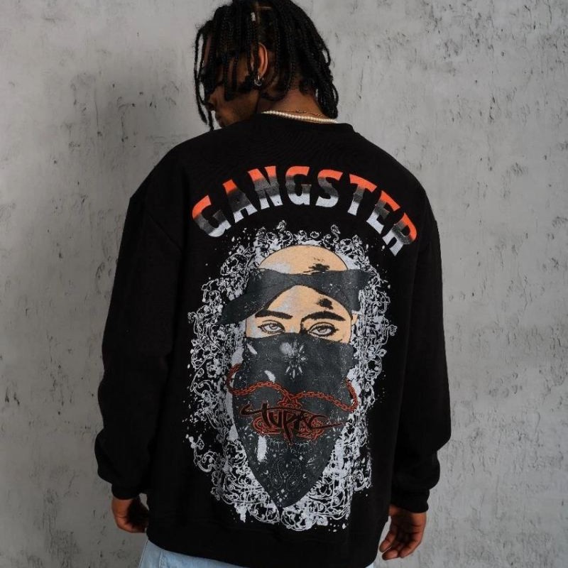 Erkek 3 İplik Pamuklu Bisiklet Yaka Gangster Baskılı Sweatshirt - Siyah