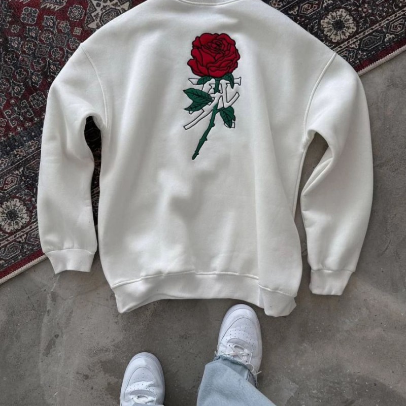 ERKEK 3 iplik Pamuklu Bisiklet Yaka Ön Ve Arka Baskılı SweatShirt -  Beyaz