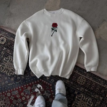 ERKEK 3 iplik Pamuklu Bisiklet Yaka Ön Ve Arka Baskılı SweatShirt -  Beyaz
