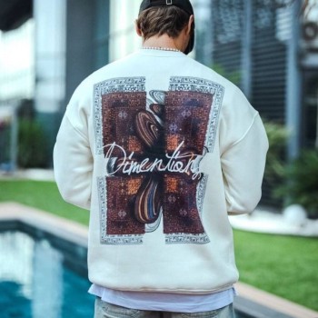 Erkek 3 iplik pamuklu Bisiklet Yaka Ön ve Arka Baskılı SweatShirt - Beyaz