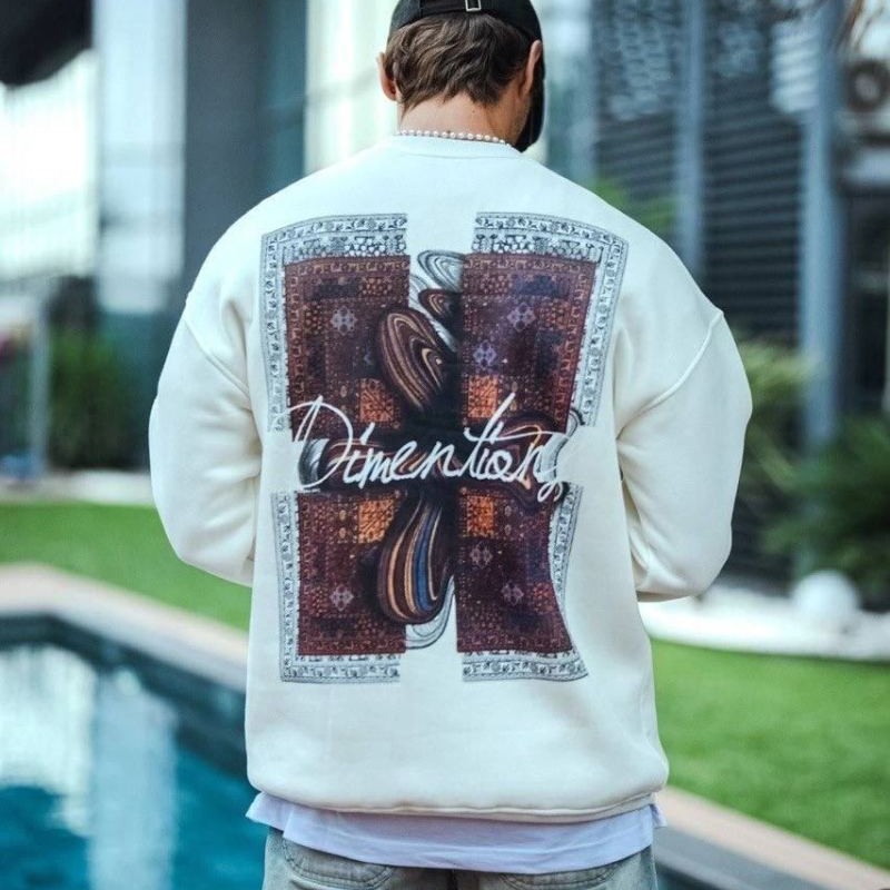 Erkek 3 iplik pamuklu Bisiklet Yaka Ön ve Arka Baskılı SweatShirt - Beyaz