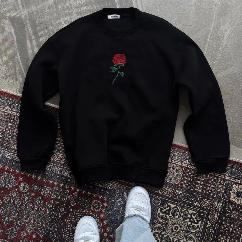 ERKEK 3 iplik Pamuklu Bisiklet Yaka Ön Ve Arka Baskılı SweatShirt - Siyah